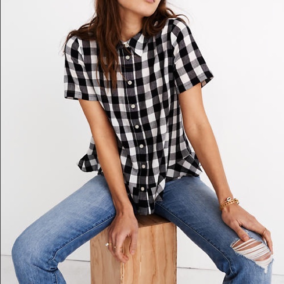 Madewell Black/White Gingham Peplum Short Sleeve Button Down Shirt Size S - Picture 2 of 13